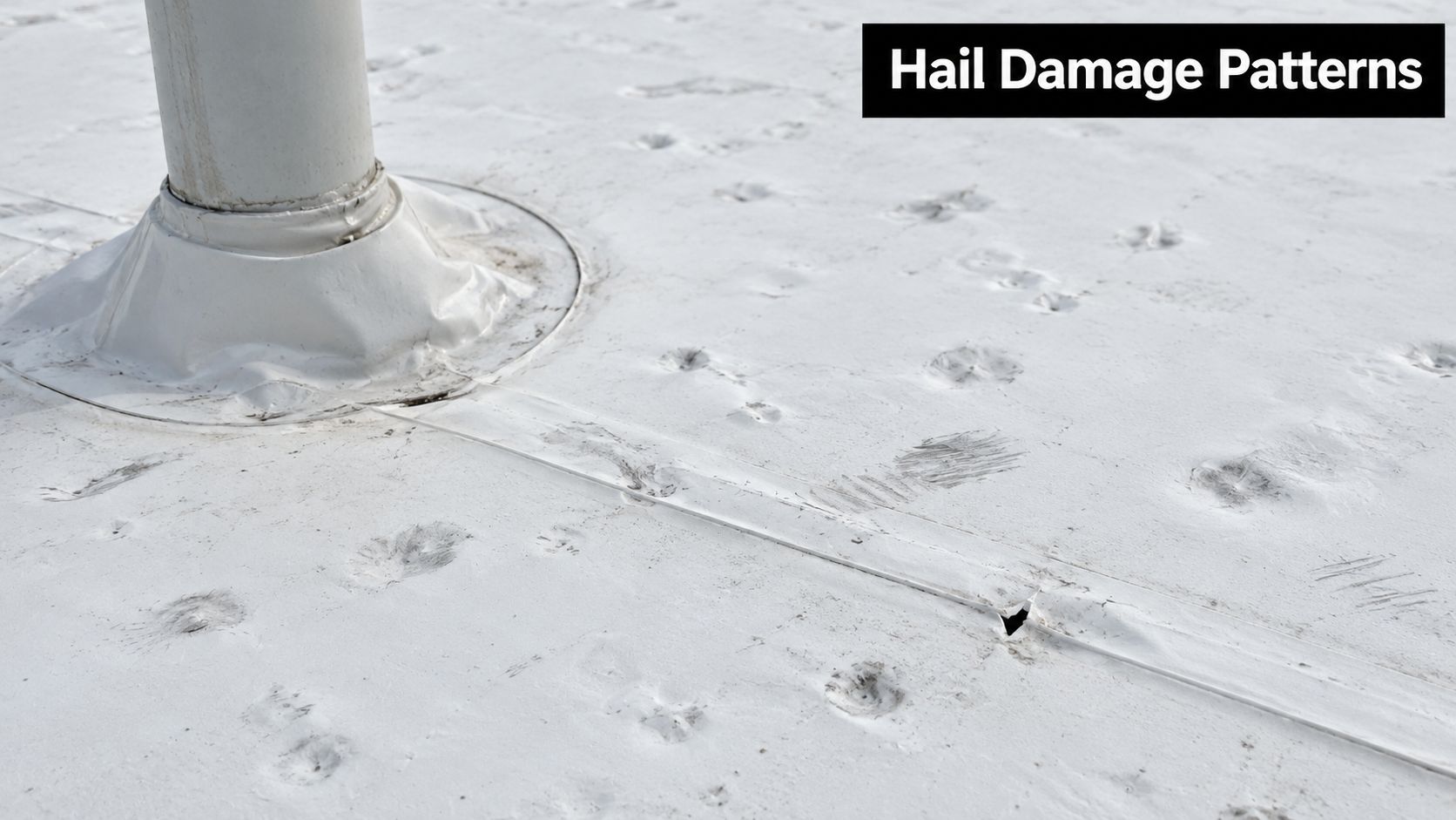 Close-up of a white TPO roof membrane showing visible indentations and punctures from severe hail damage.