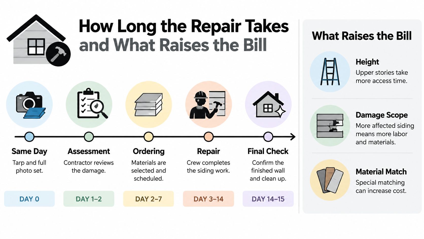 An infographic detailing the timeline and cost factors associated with a typical residential storm damage siding repair process.