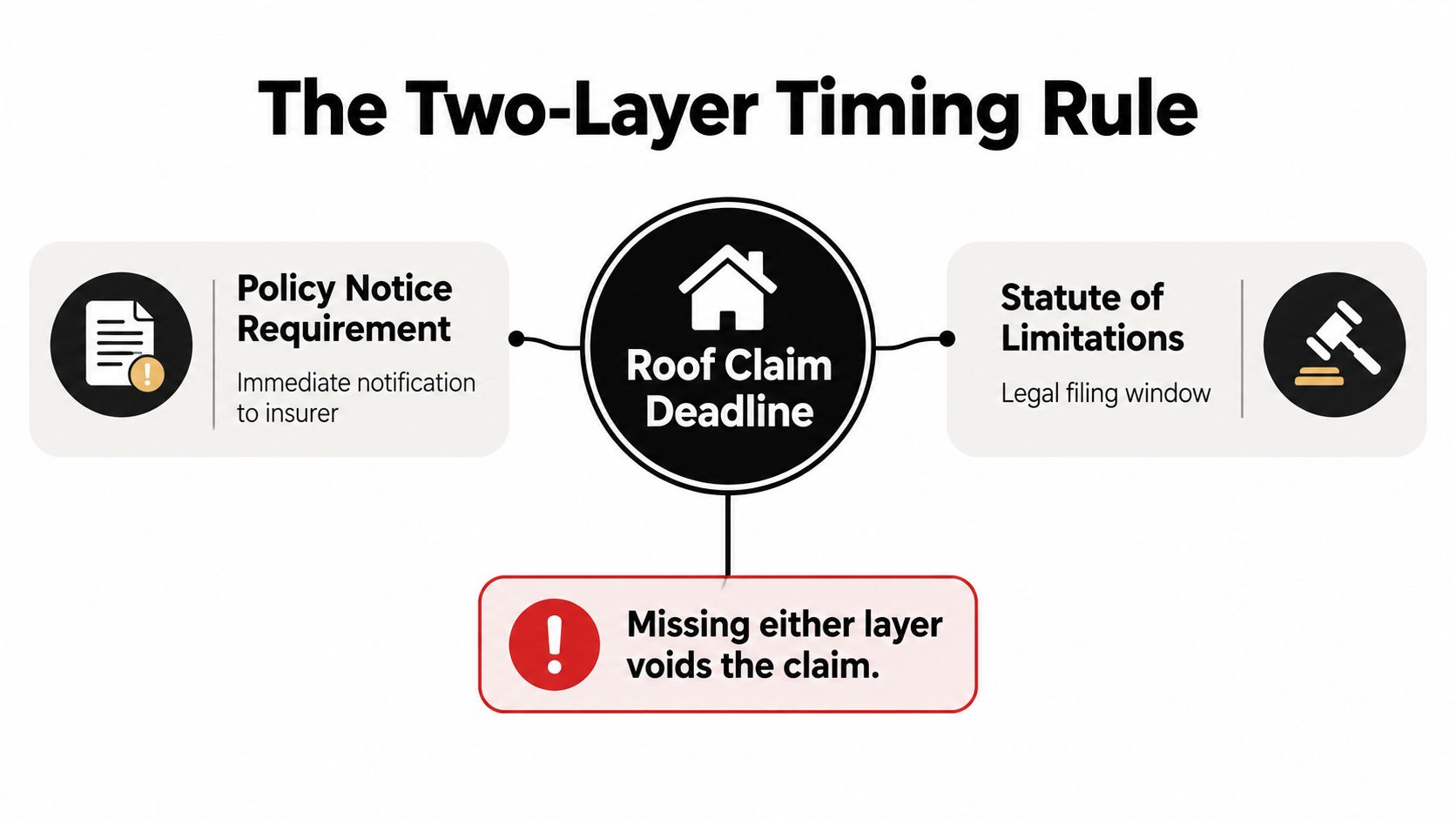 An infographic titled The Two-Layer Timing Rule explaining roof claim deadlines, policy notice requirements, and statutes of limitations.