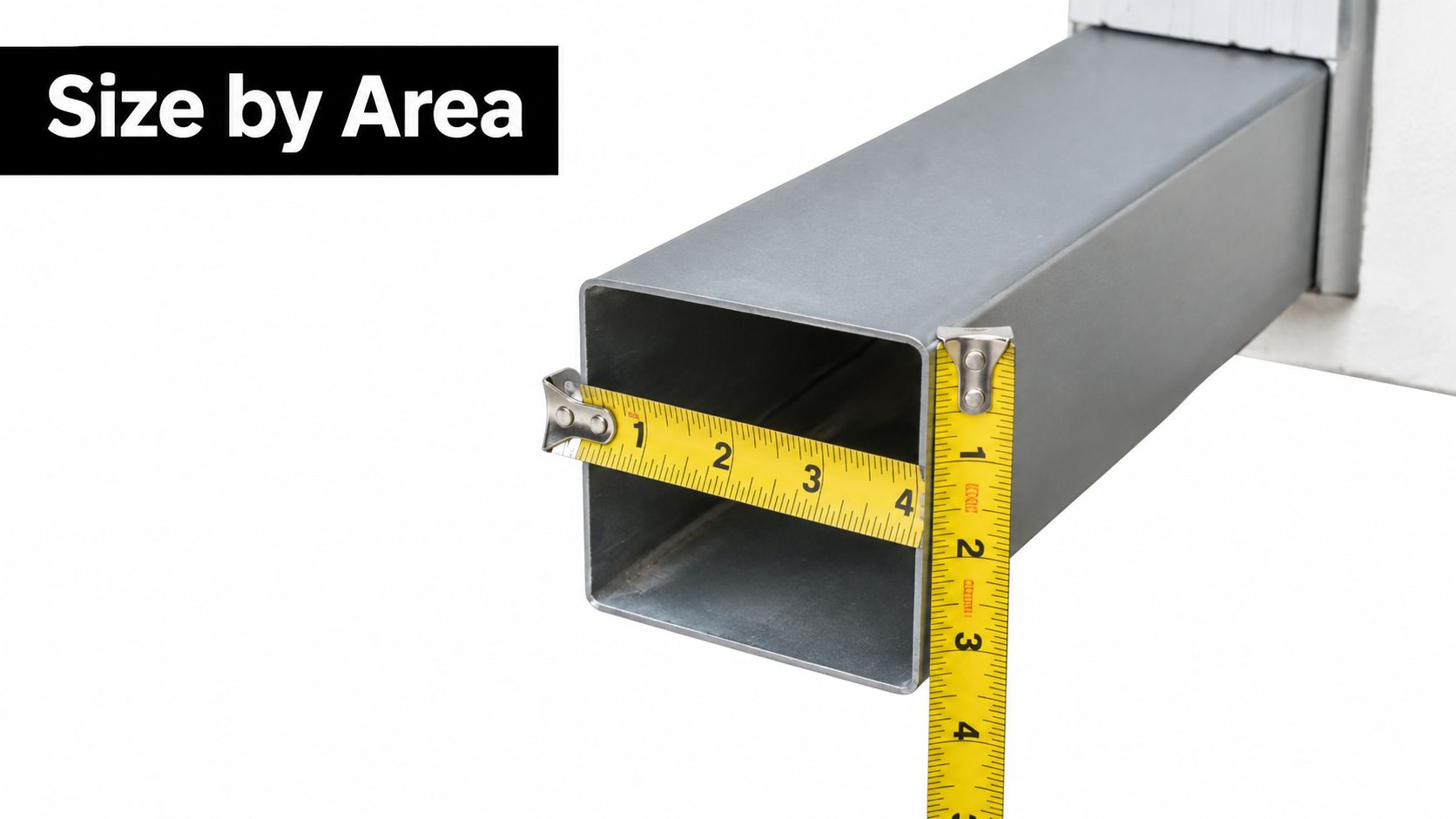 A close-up view of a metal square downspout being measured with a yellow tape measure.
