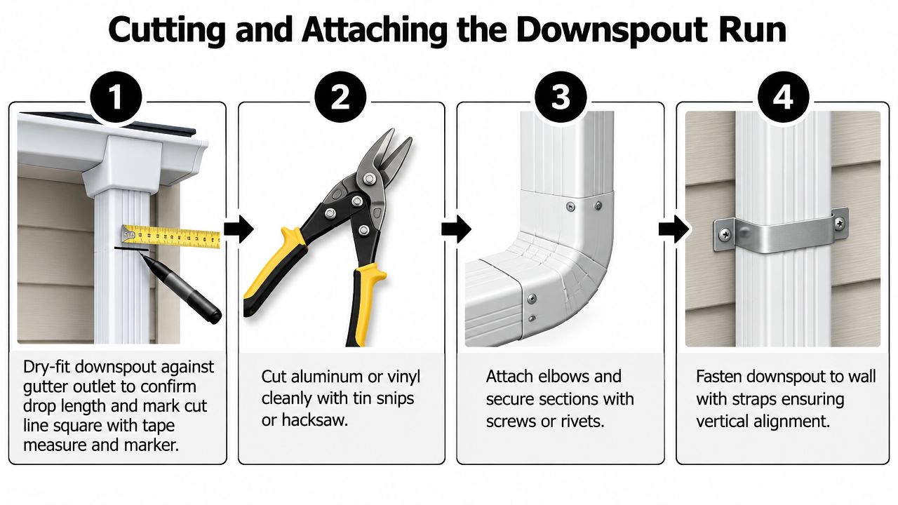 A four-step infographic illustration demonstrating the process of measuring, cutting, and securing a residential gutter downspout system.