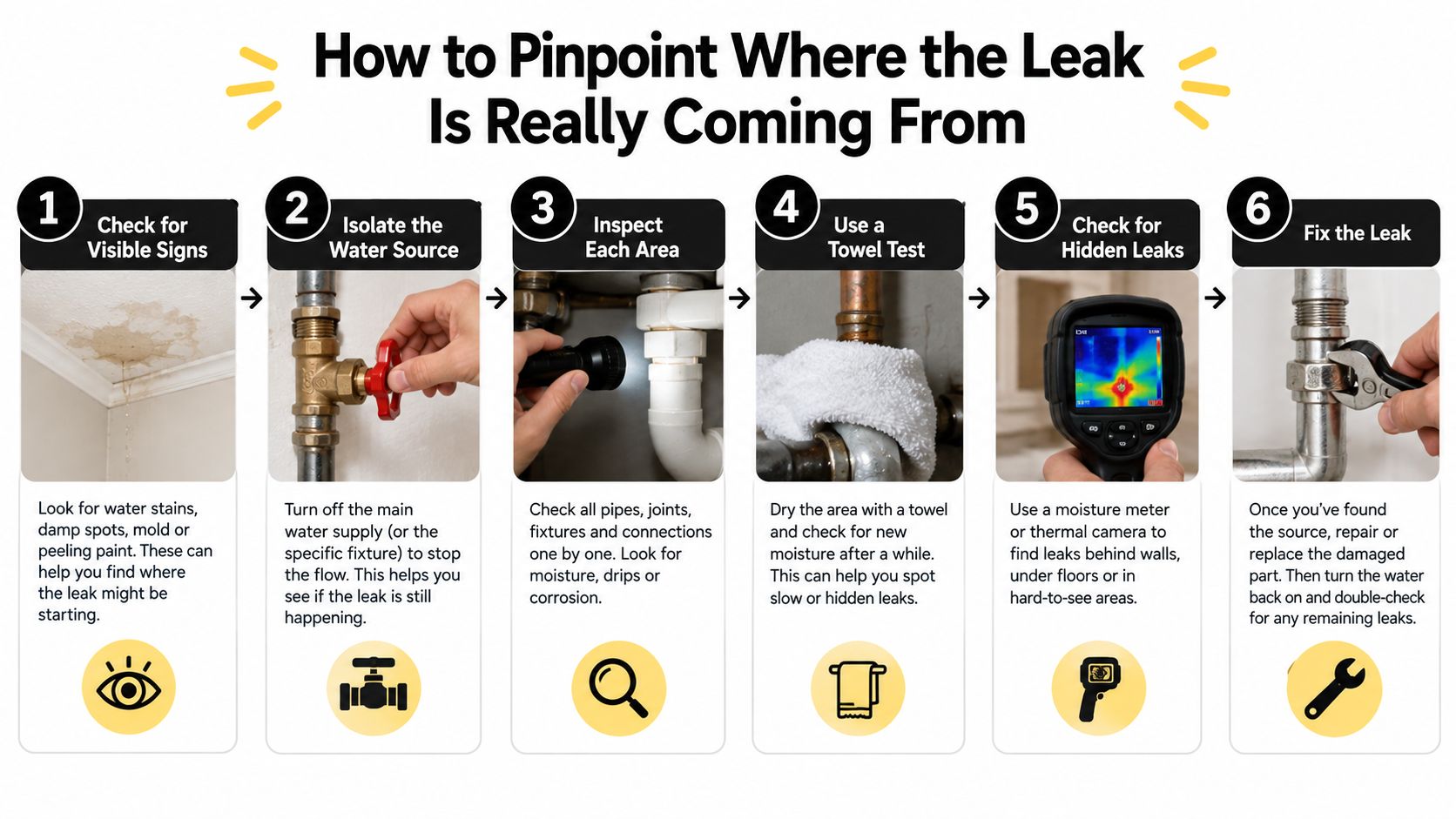 An infographic detailing six steps to identify and repair a home water leak, from inspection to fixing.