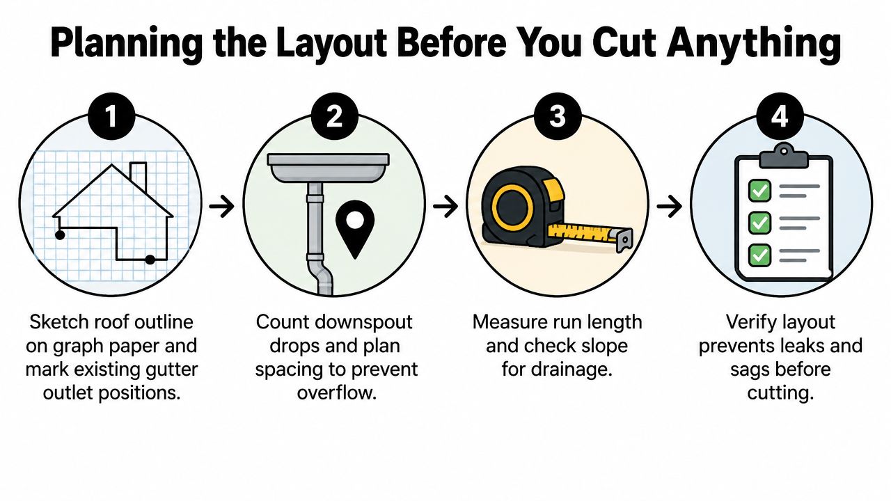 A step-by-step infographic showing how to plan a home gutter layout before starting installation.