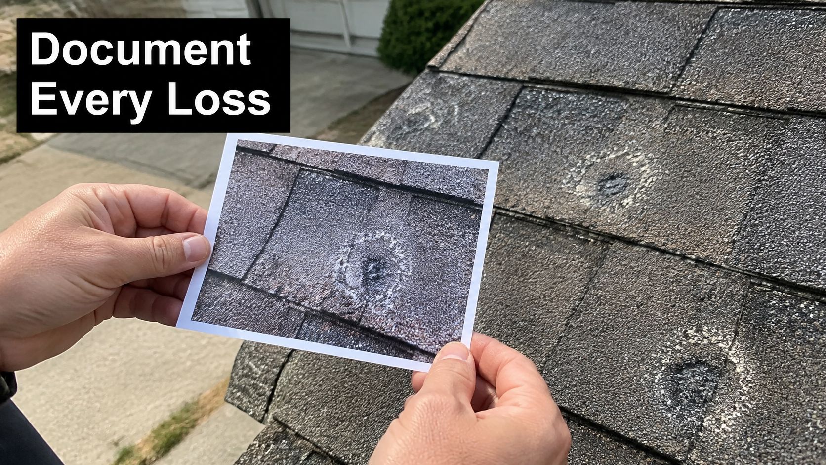 A person holding a photo of roof hail damage next to the actual damaged shingle roof.