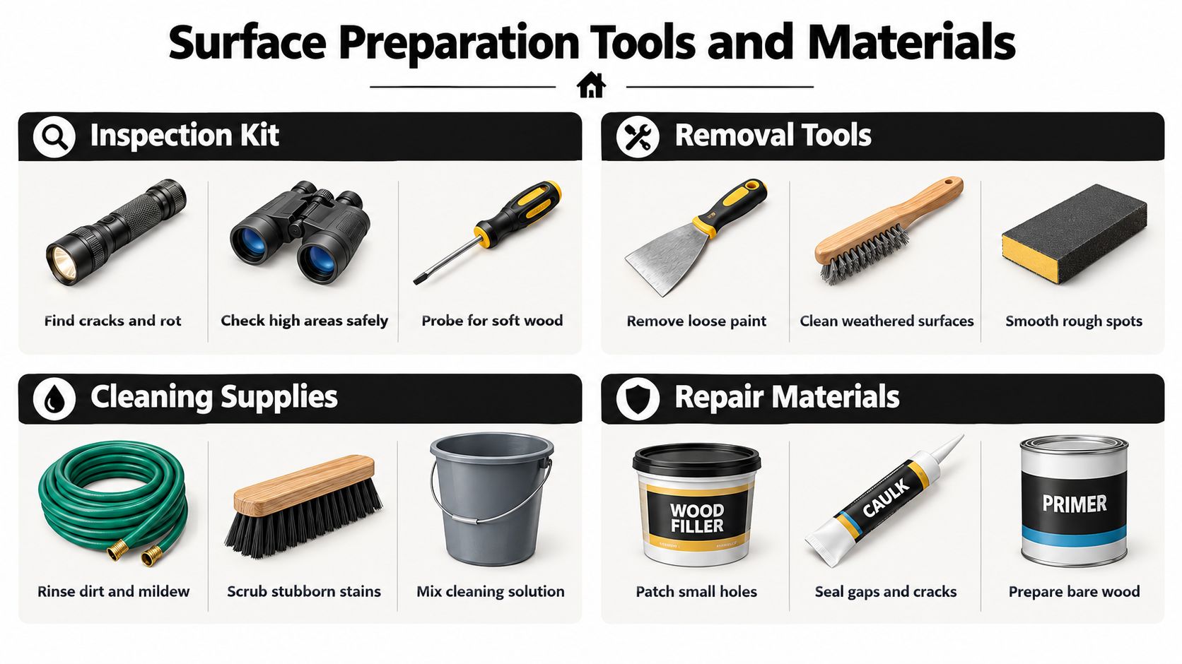 An infographic displaying essential surface preparation tools and materials for home maintenance and exterior painting projects.