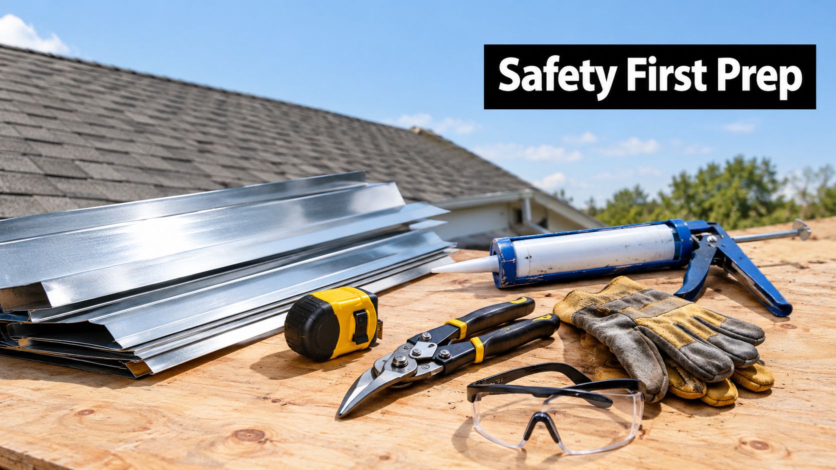 Roof repair tools including flashing, tape measure, snips, caulk gun, and safety glasses on plywood.