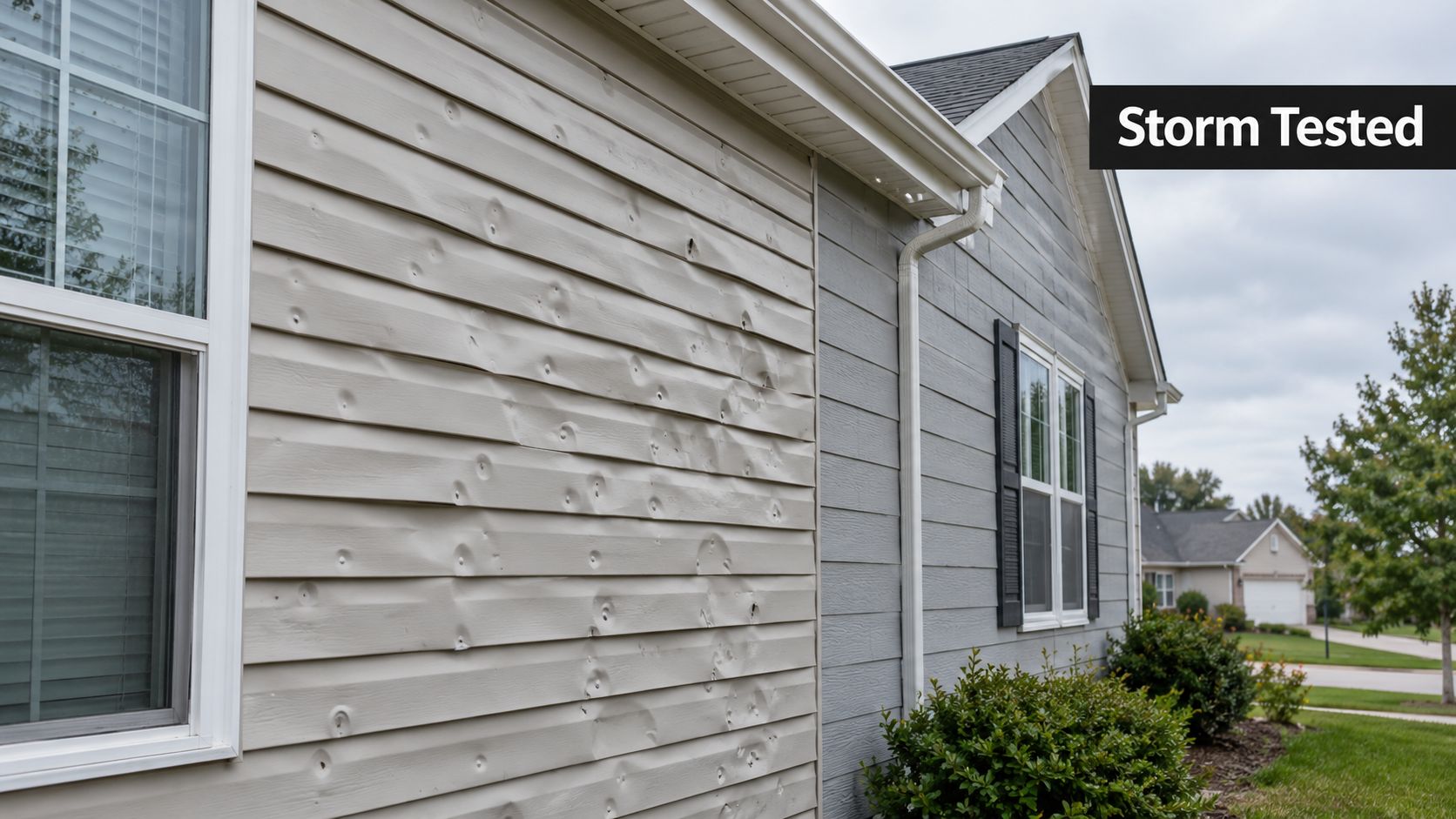 A house exterior showing severe hail damage dents on vinyl siding panels after a storm.