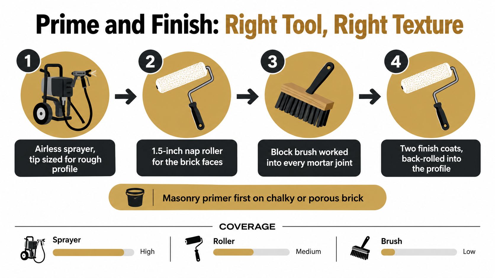 An infographic showing the four-step process for painting exterior brick using a sprayer, roller, and brush.