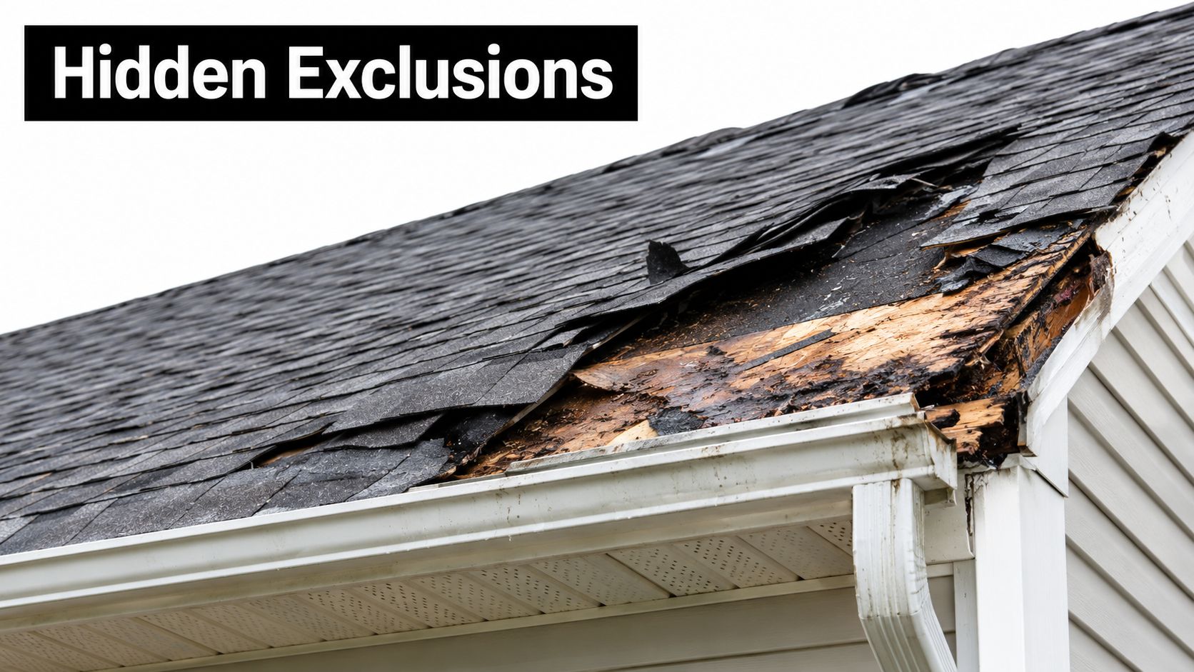 A damaged residential roof with missing shingles exposing rotted wood and structural decay on the eaves.