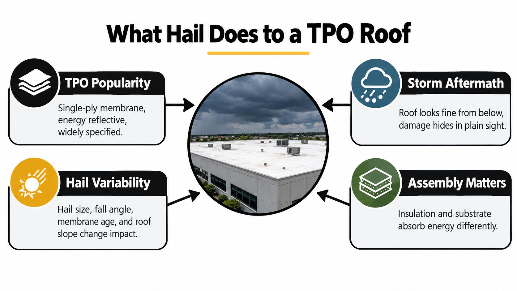 An infographic showing factors affecting hail damage on commercial TPO flat roofing systems.