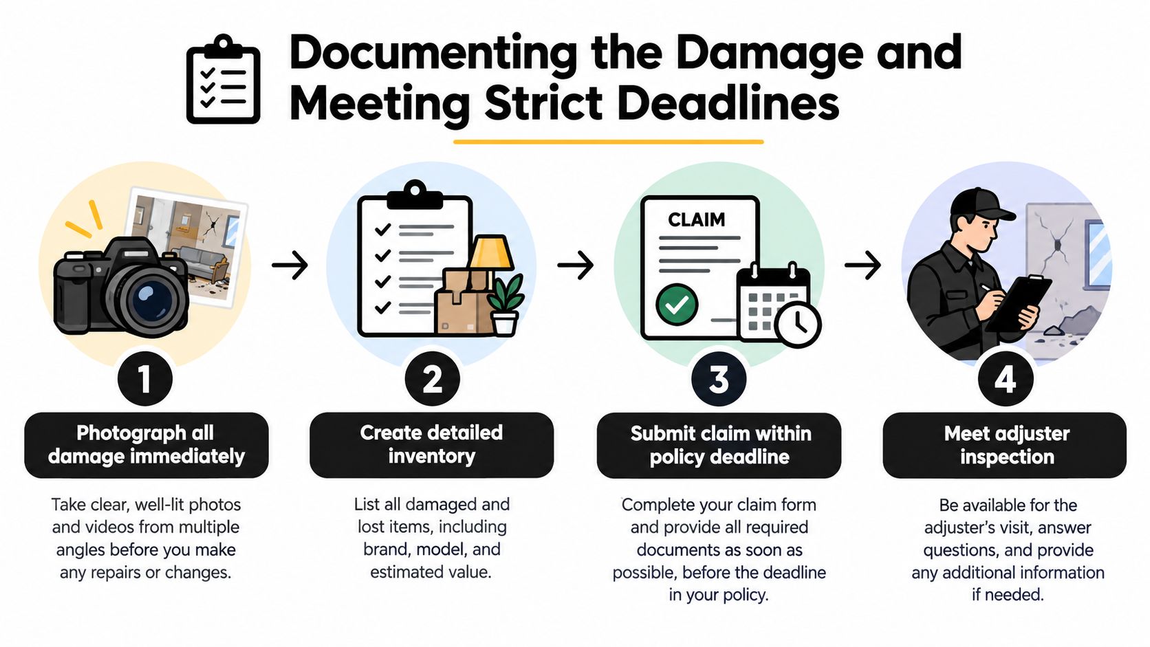A four-step infographic illustrating the process of documenting property damage for an insurance claim submission.