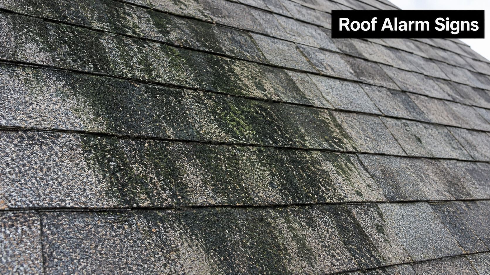 A close-up view of dark mildew and moss growth spreading across dirty asphalt roof shingles.
