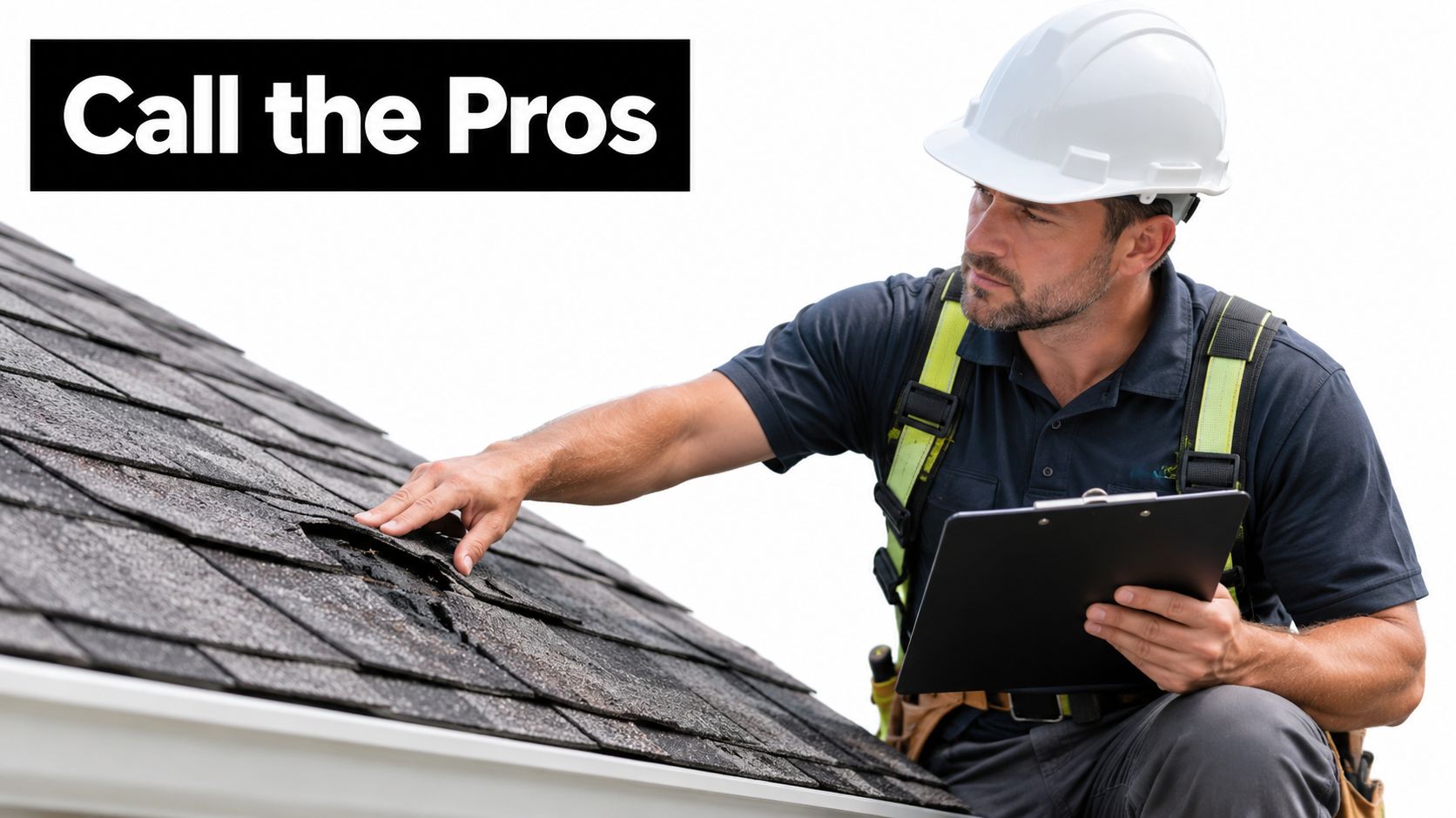 A professional roofing contractor wearing a safety harness and hard hat inspecting a damaged roof shingle.