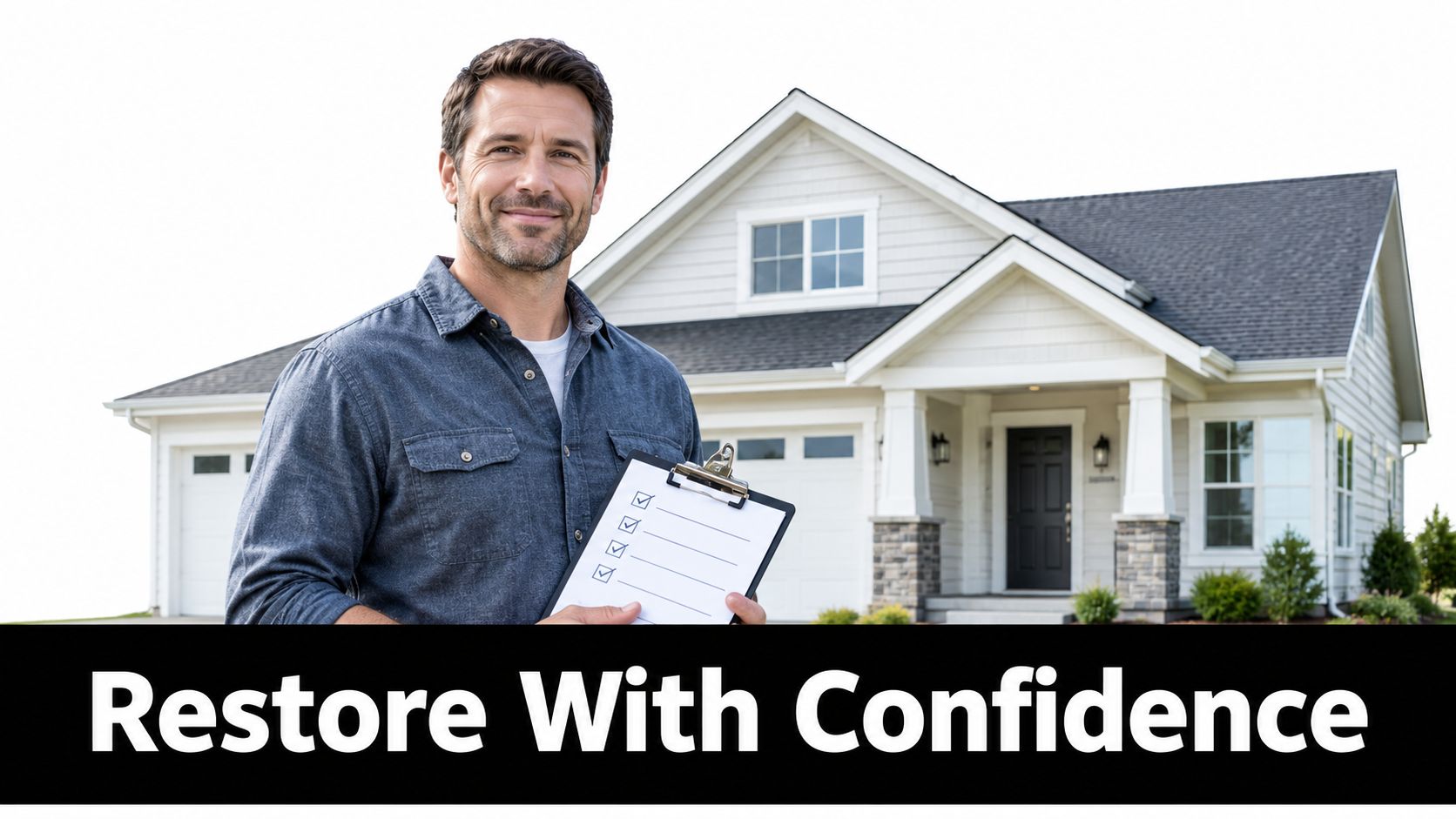 A professional home inspector stands confidently in front of a modern suburban house holding a checklist.