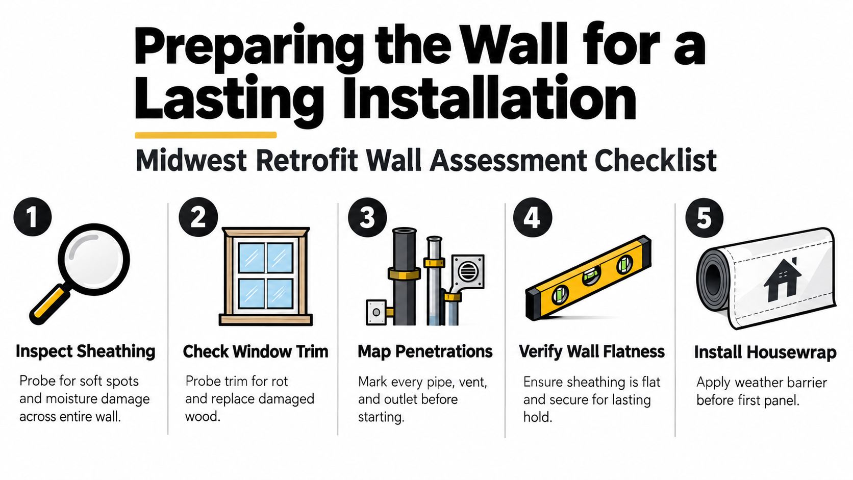 A five-step checklist for preparing walls before installing aluminum siding, ensuring structural integrity and protection.