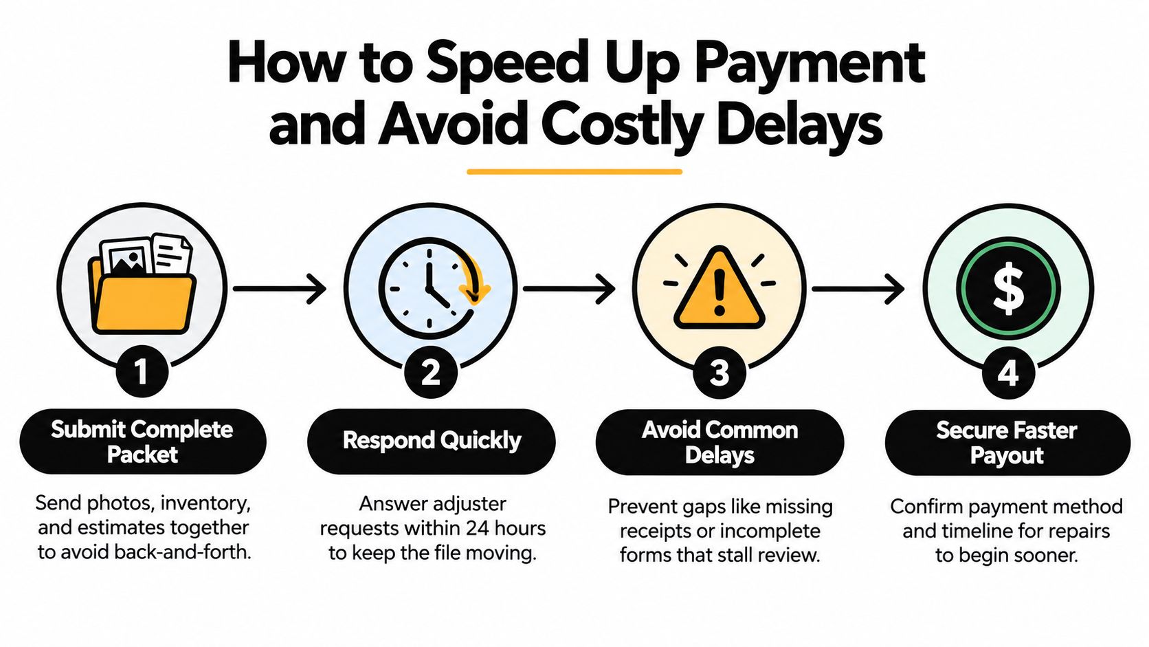 A four-step infographic illustrating how to speed up insurance payments and avoid costly processing delays.