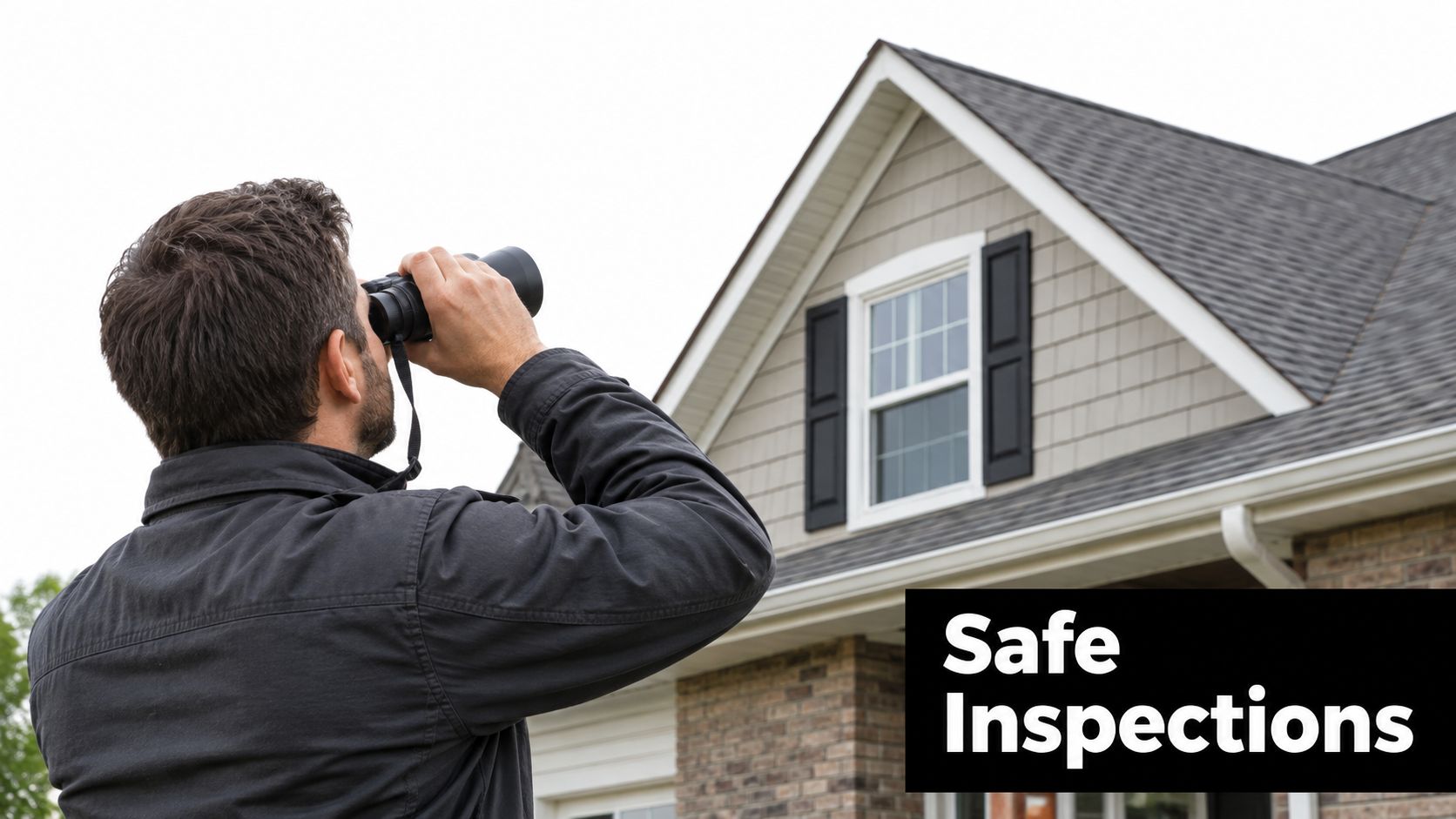 A home inspector using binoculars to visually examine the roof of a residential property for maintenance issues.