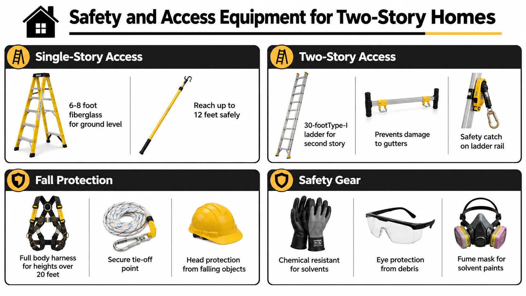 A safety infographic displaying essential equipment for house painting, including ladders, fall protection, and personal safety gear.