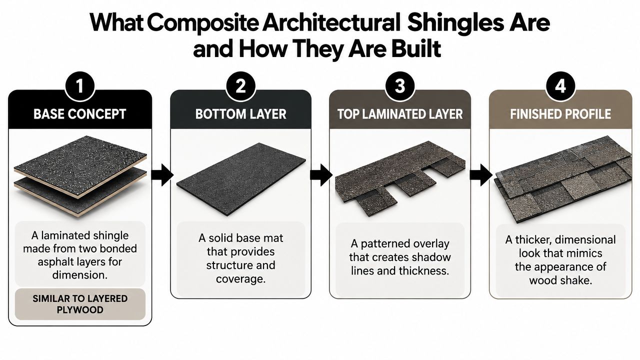 An infographic showing the four-step construction process of composite architectural shingles, from base mat to finished profile.