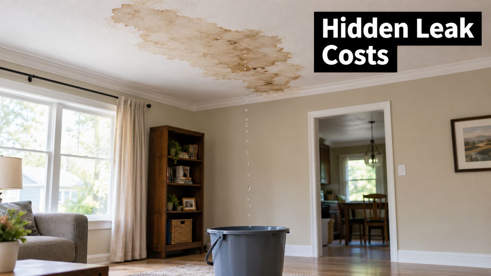 A large water stain on the ceiling with water dripping into a grey bucket in a room.