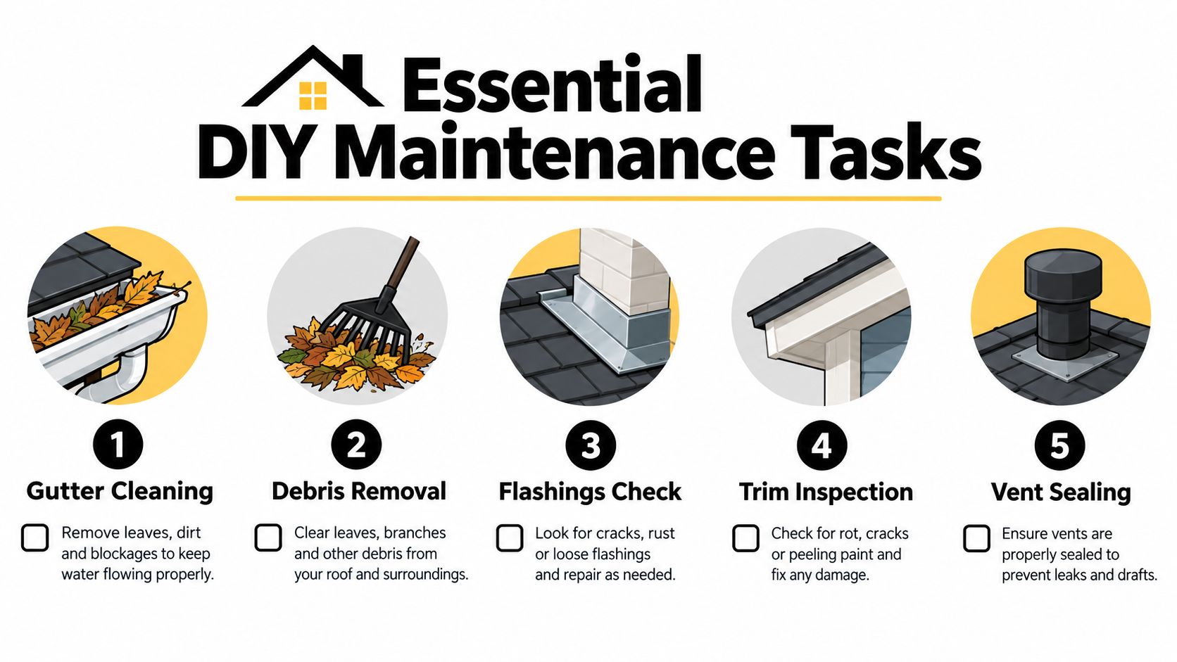 An infographic showing five essential DIY residential roof maintenance tasks including cleaning gutters and inspecting flashing.