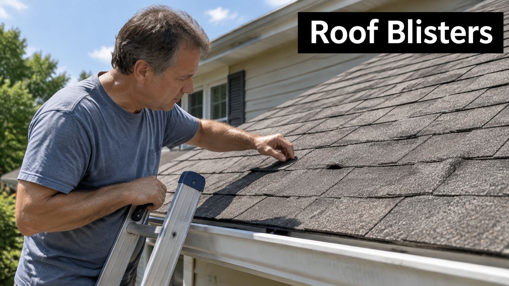 A man on a ladder inspects roof shingles showing signs of blistering on his residential home exterior.