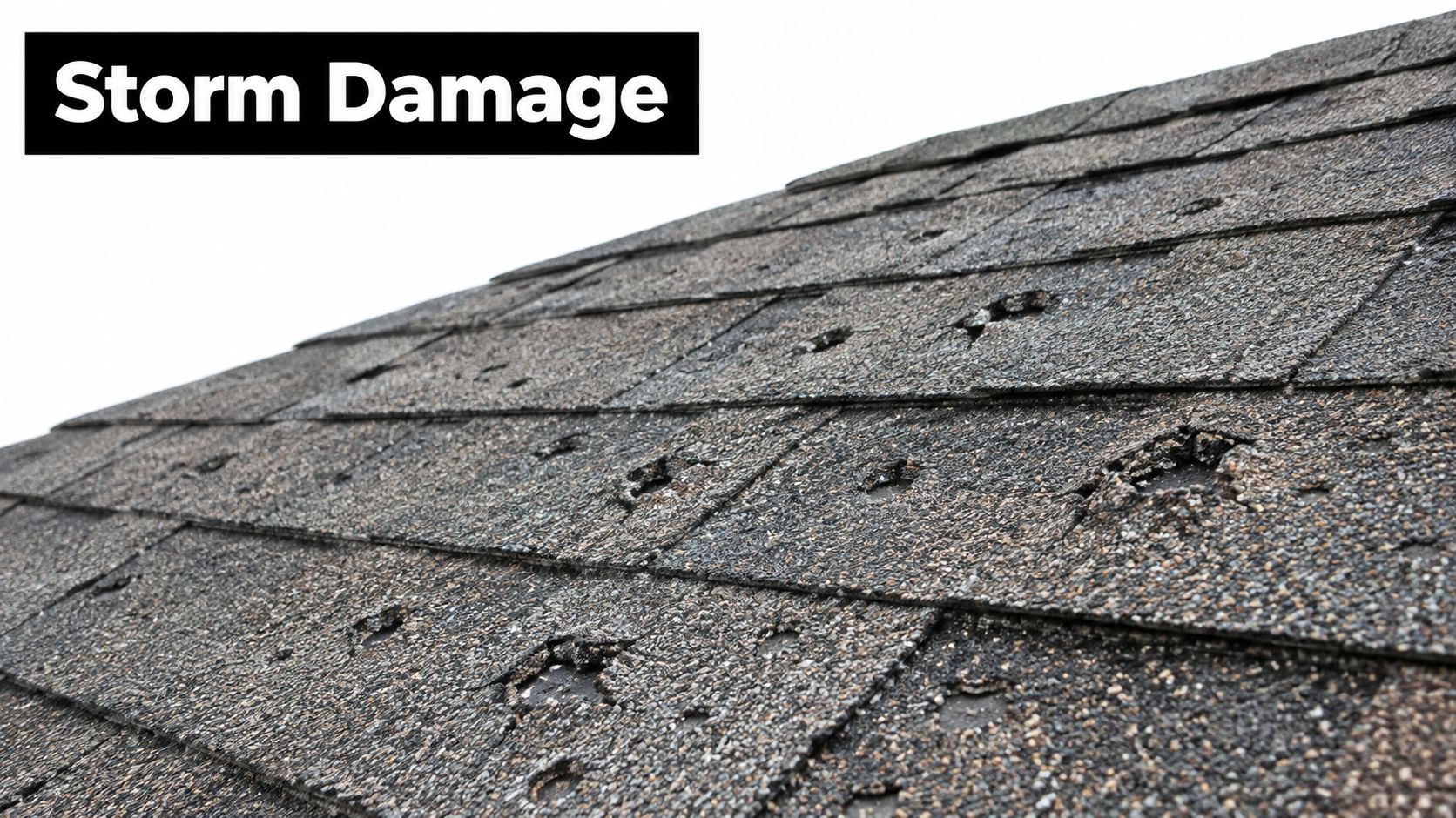 Close-up of asphalt roof shingles showing extensive hail and storm damage with broken, missing protective granules.