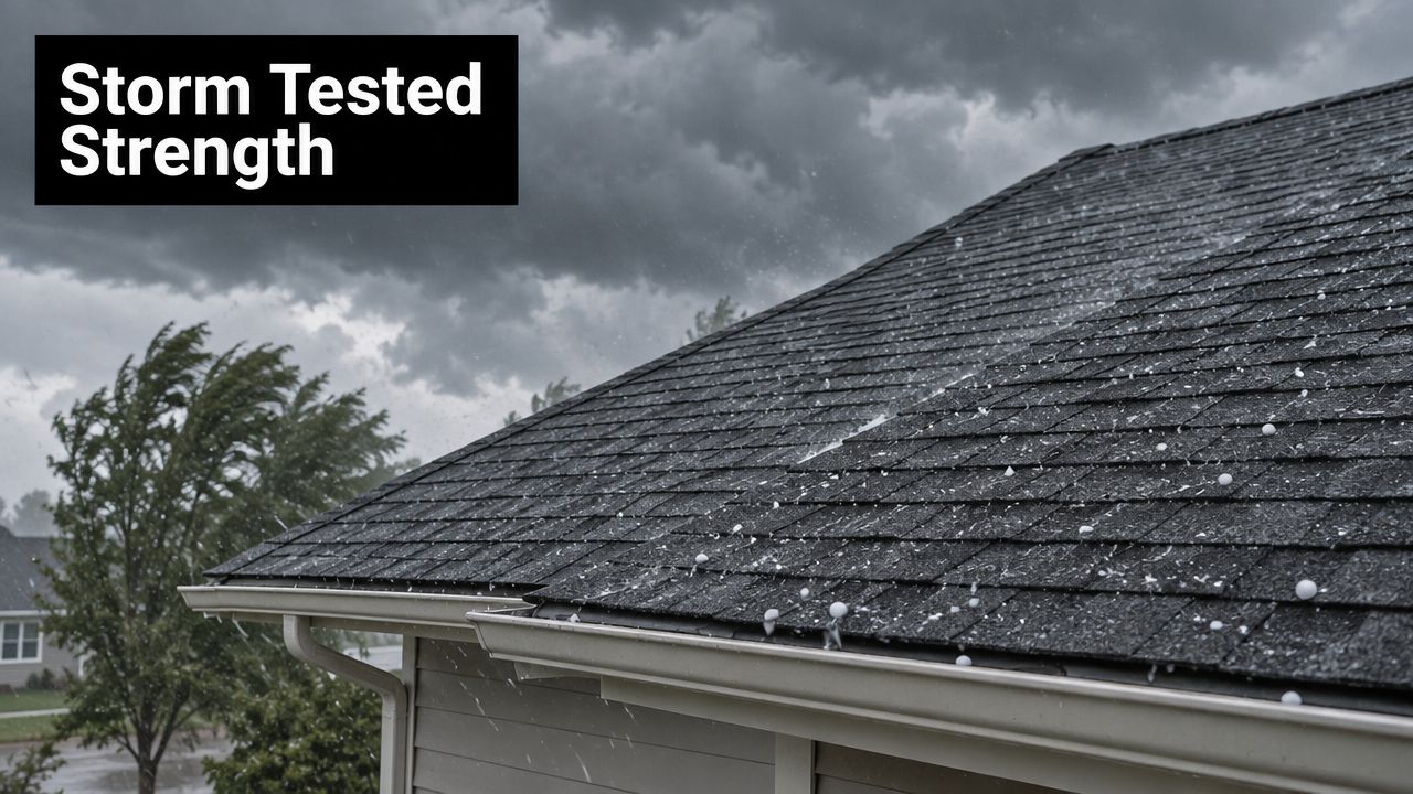 A close-up shot of a shingled roof being pelted by hail during a severe storm.