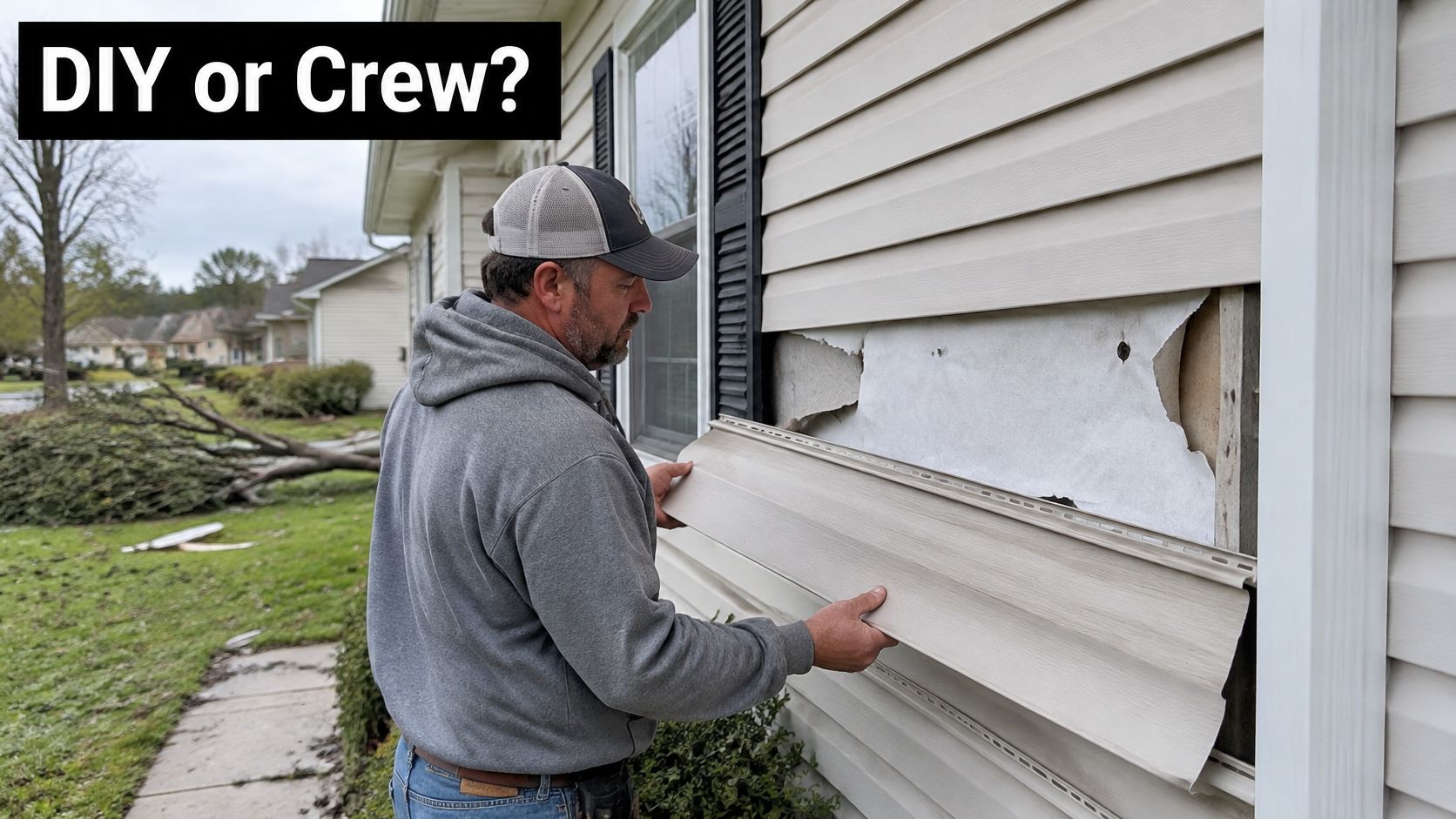 A professional repairman in a hoodie installing new vinyl siding on a house damaged by a storm.