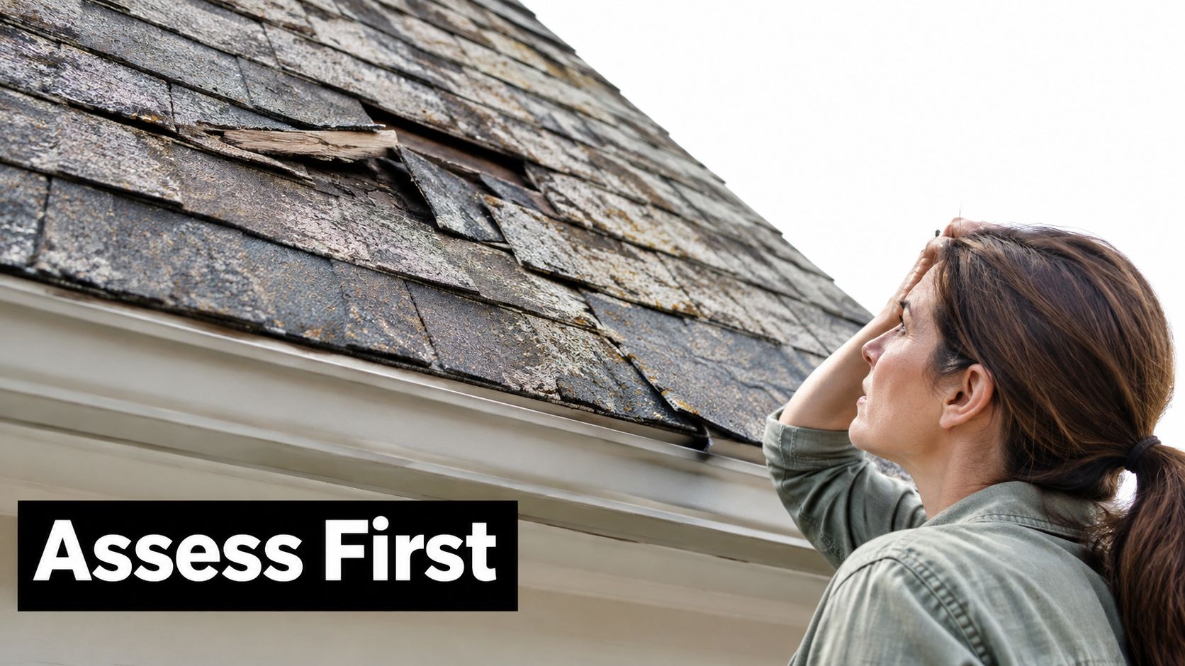A concerned woman inspects significant storm damage on her home's shingle roof, looking for needed repairs.