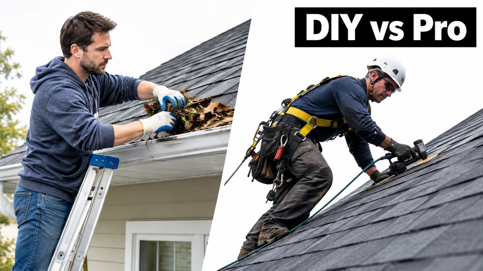 A split image comparing a DIY homeowner cleaning roof gutters versus a professional roofer performing shingle repairs.