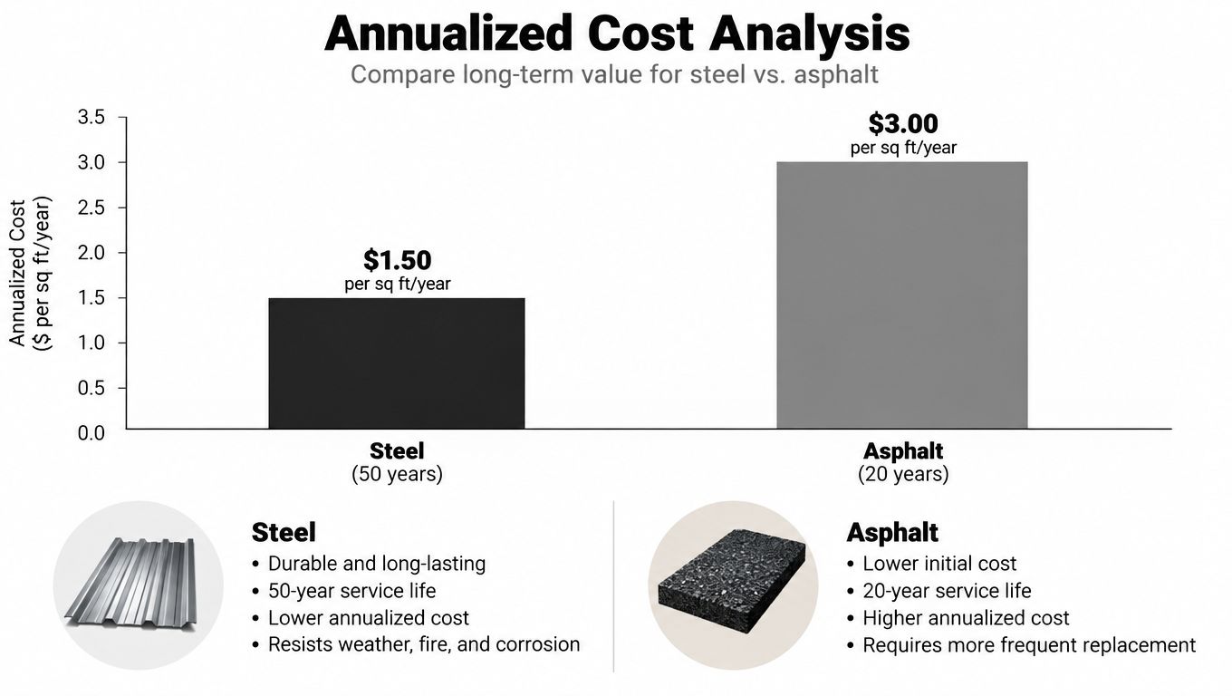 A bar chart comparing the annualized cost of steel roofing versus asphalt roofing over their service lives.