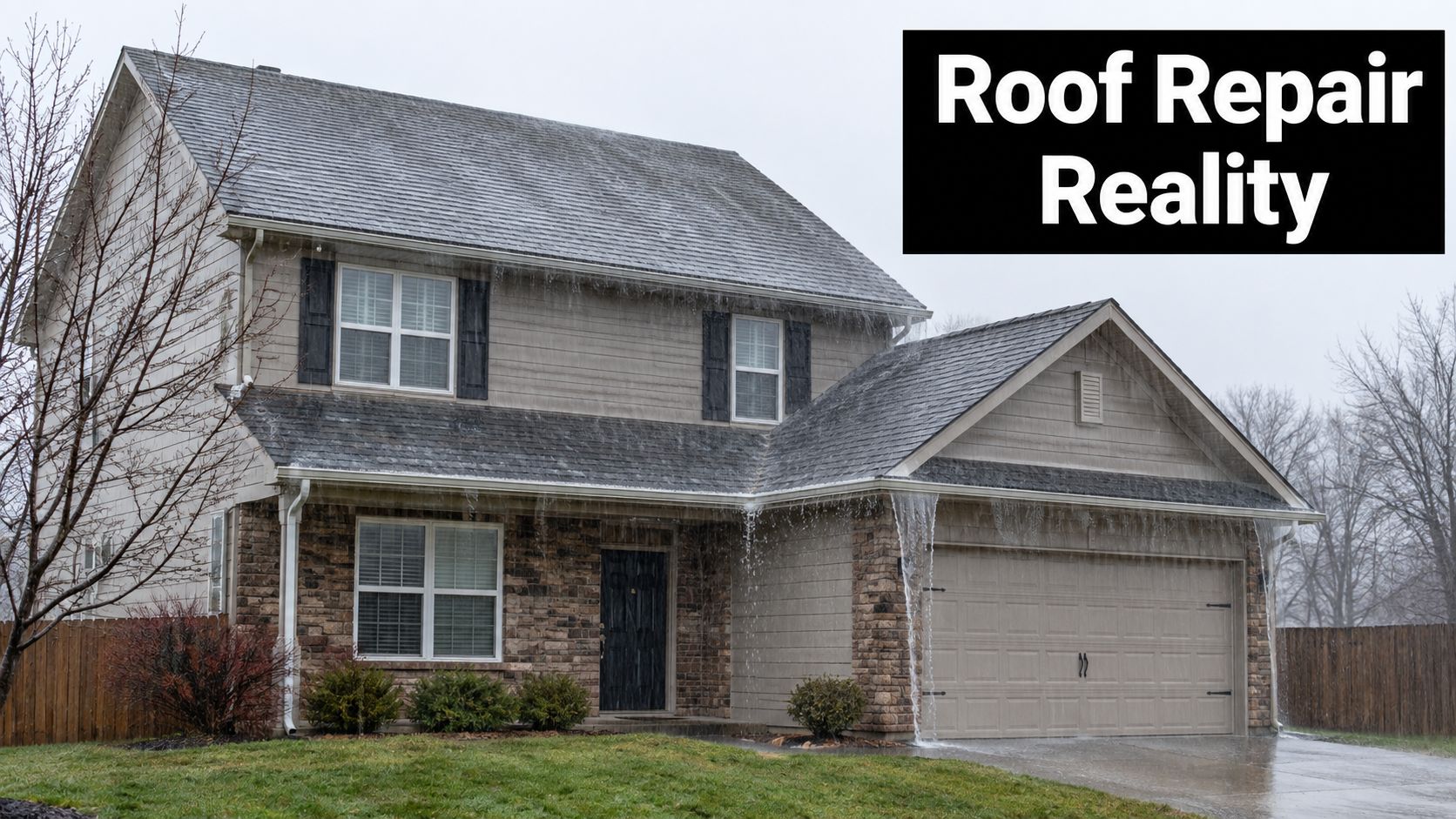 A house exterior showing heavy water runoff and icicles hanging from the roofline during a storm.