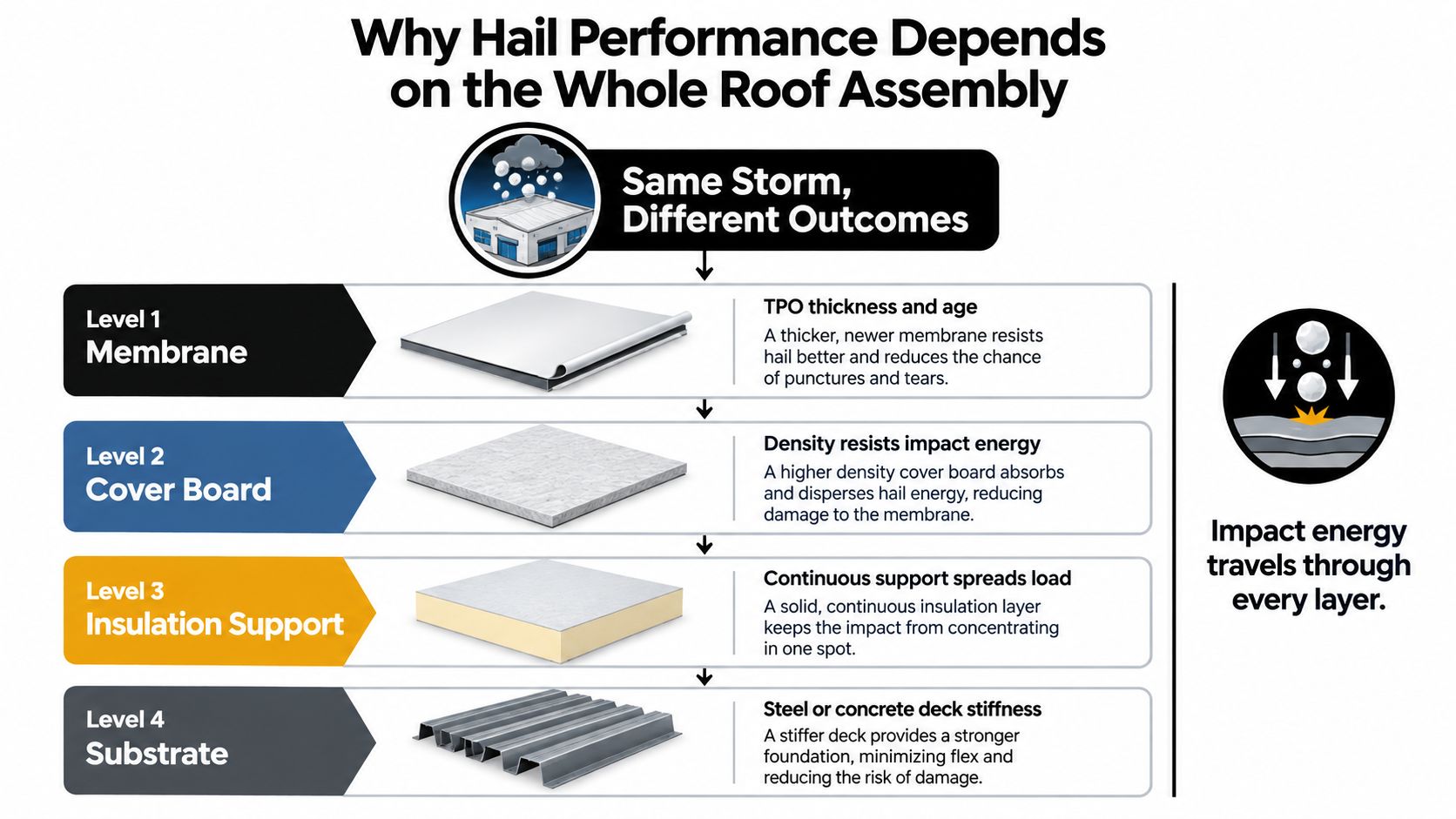 A diagram illustrating how a roof assembly's four levels contribute to its overall resistance against hail damage.