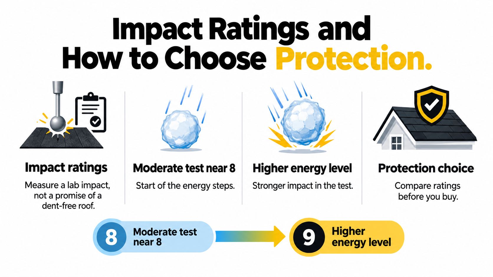 An infographic explaining how impact ratings and testing levels help homeowners choose protective roofing materials.