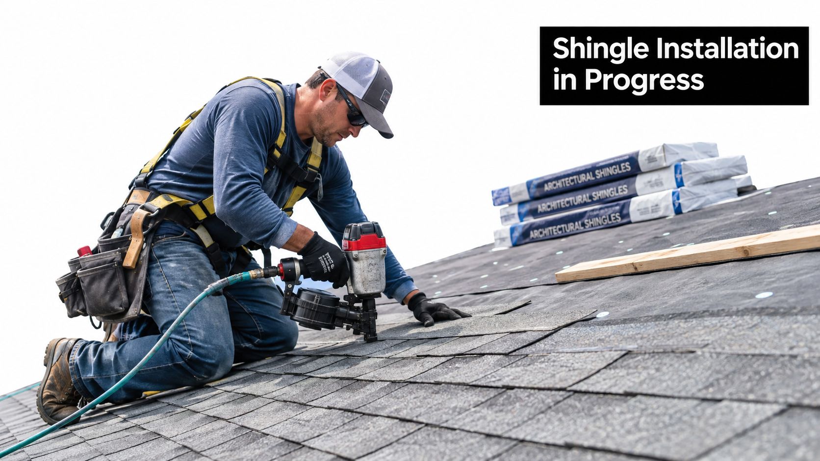 A professional roofer kneeling on a roof while installing shingles using a nail gun for repairs.