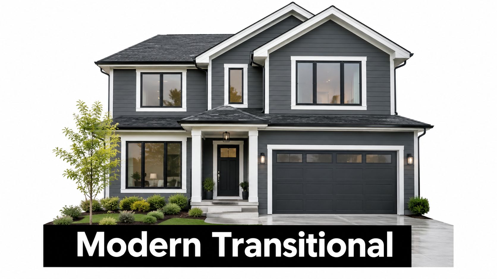 A modern transitional style two-story house featuring dark gray horizontal siding with crisp white exterior trim.