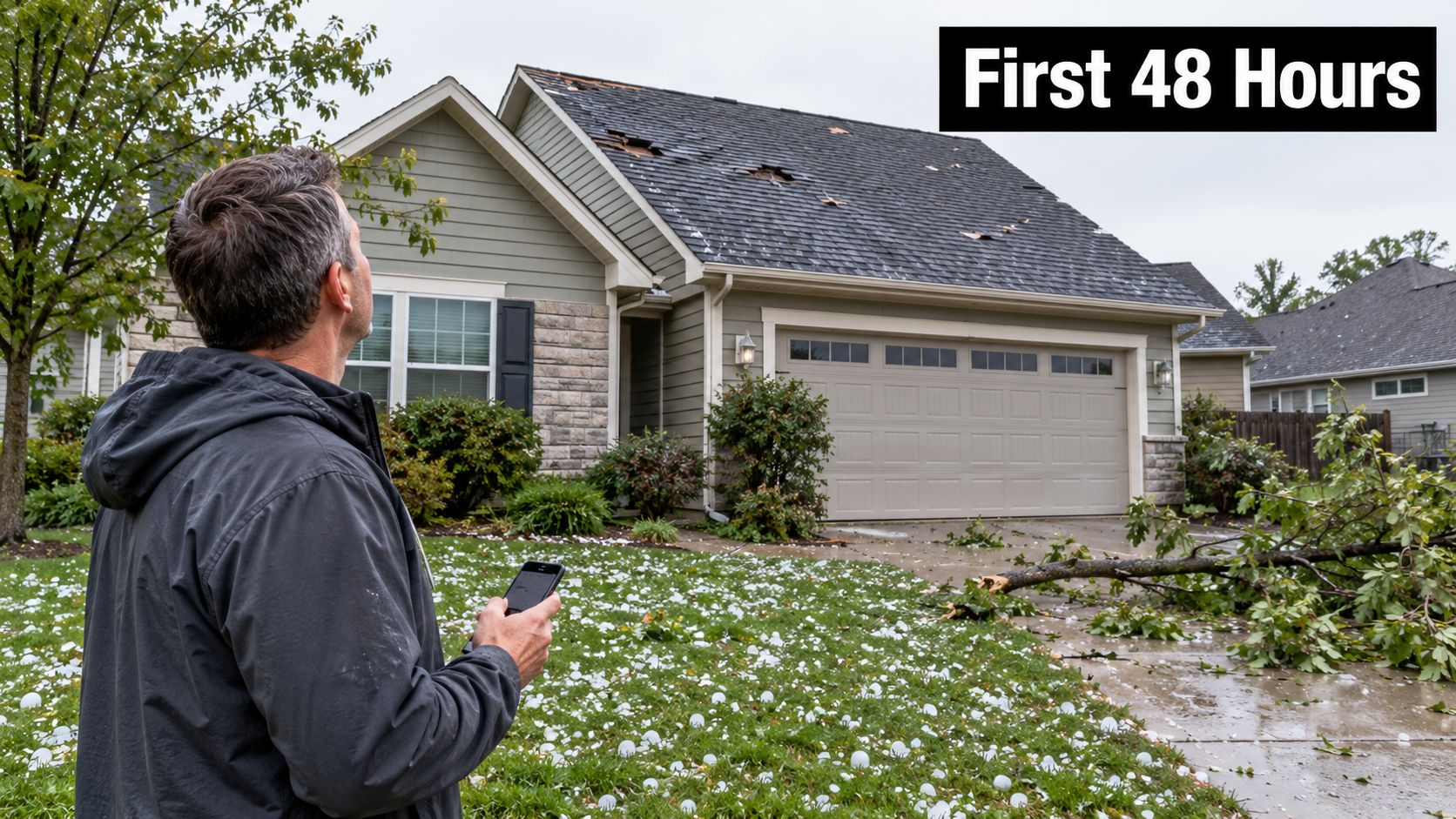 A man using his smartphone to inspect storm damage on his house roof after a hail storm.