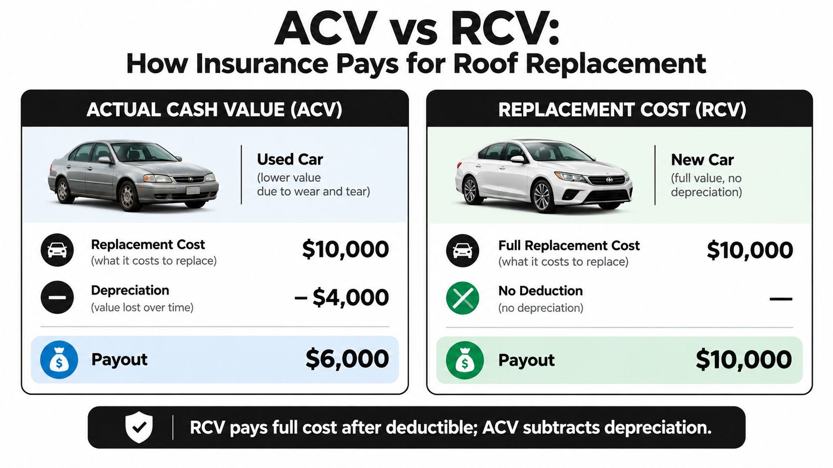 A comparison chart showing how insurance payouts differ between Actual Cash Value and Replacement Cost for vehicles.