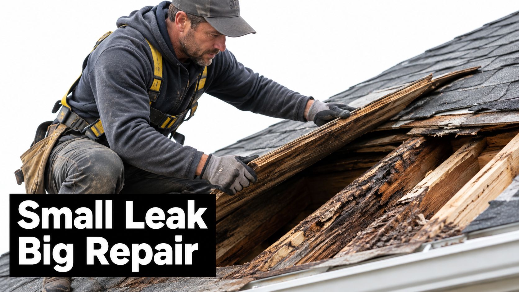 A professional roofer repairs severe water damage and wood rot under the shingles of a house roof.