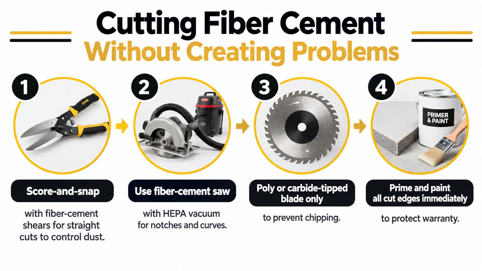 A four-step infographic showing tools and techniques for cutting fiber cement siding safely and correctly.