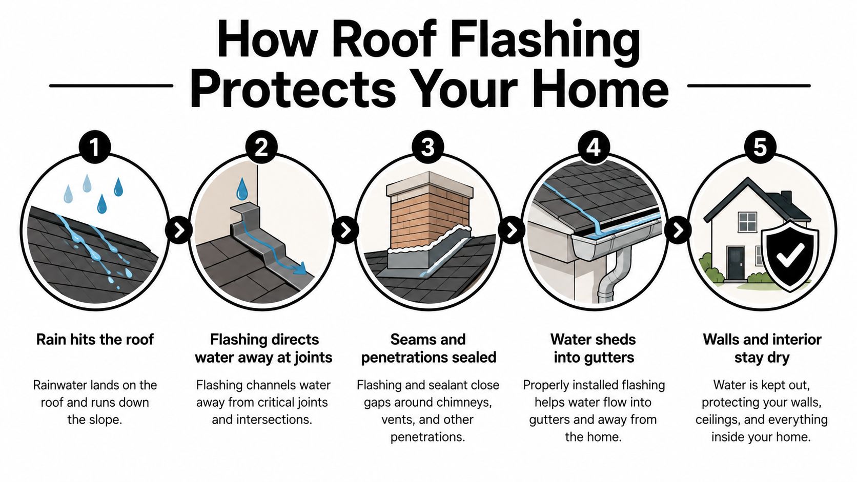 A five-step infographic illustrating how roof flashing protects homes by directing water away from critical areas.