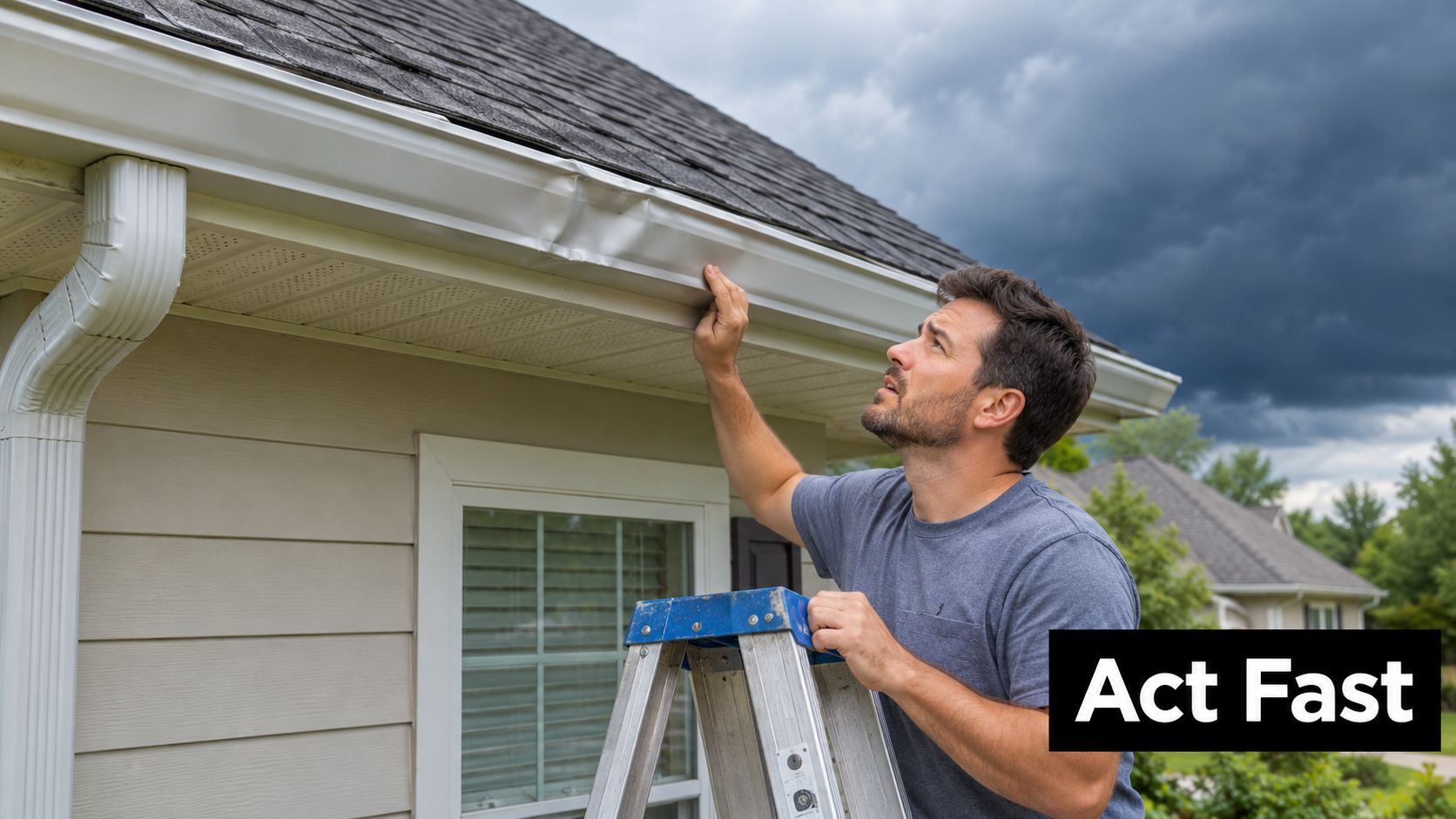 A concerned man inspecting damaged rain gutters on his house after a severe hailstorm outdoors.