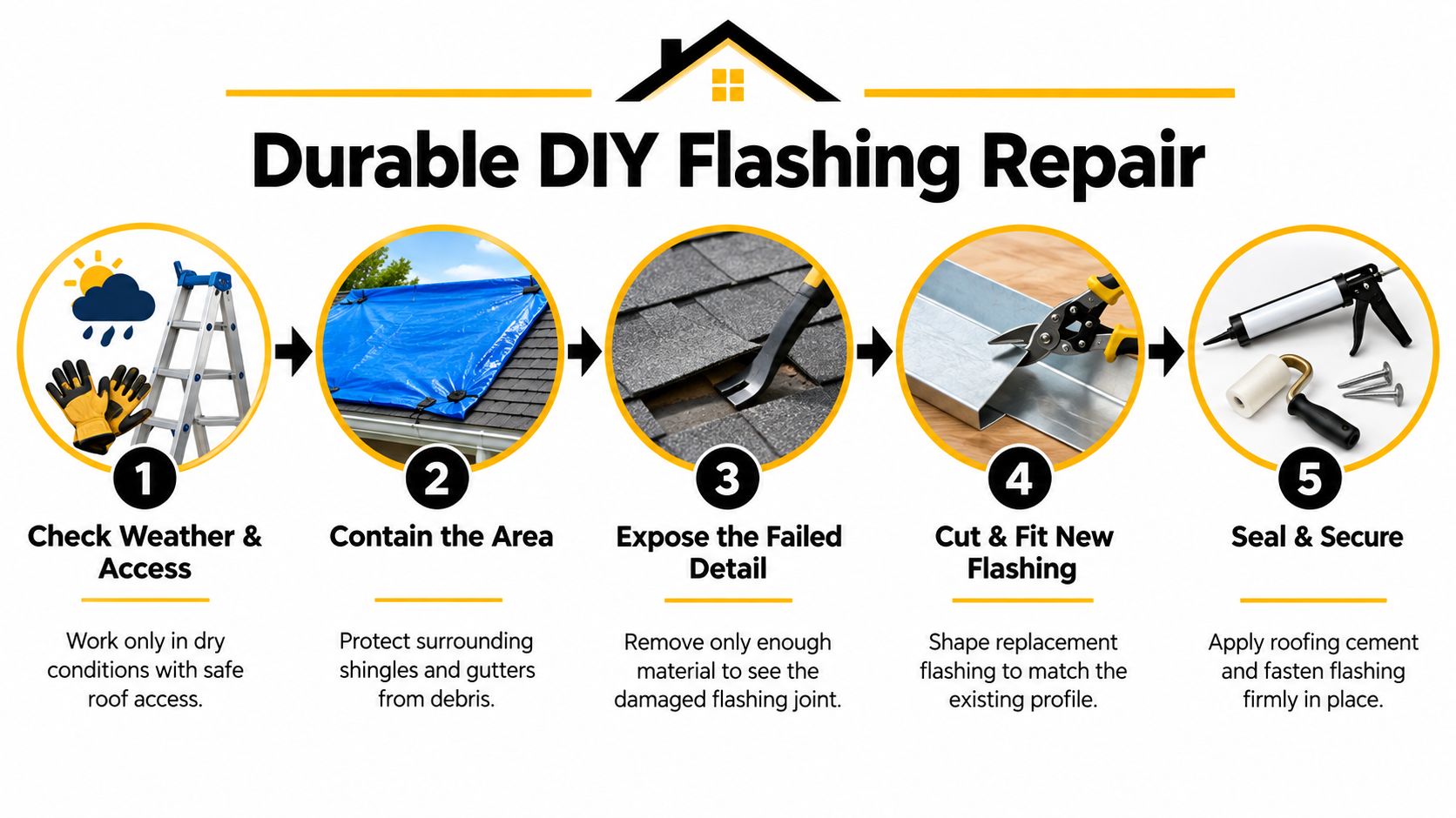 A five-step infographic illustrating how to perform a durable DIY roof flashing repair safely and effectively.