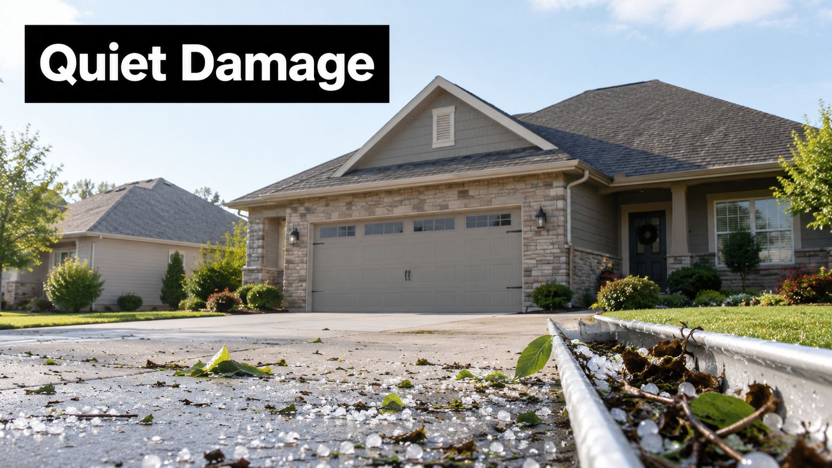 Hail stones scattered on a residential driveway and in a gutter after a damaging storm event.