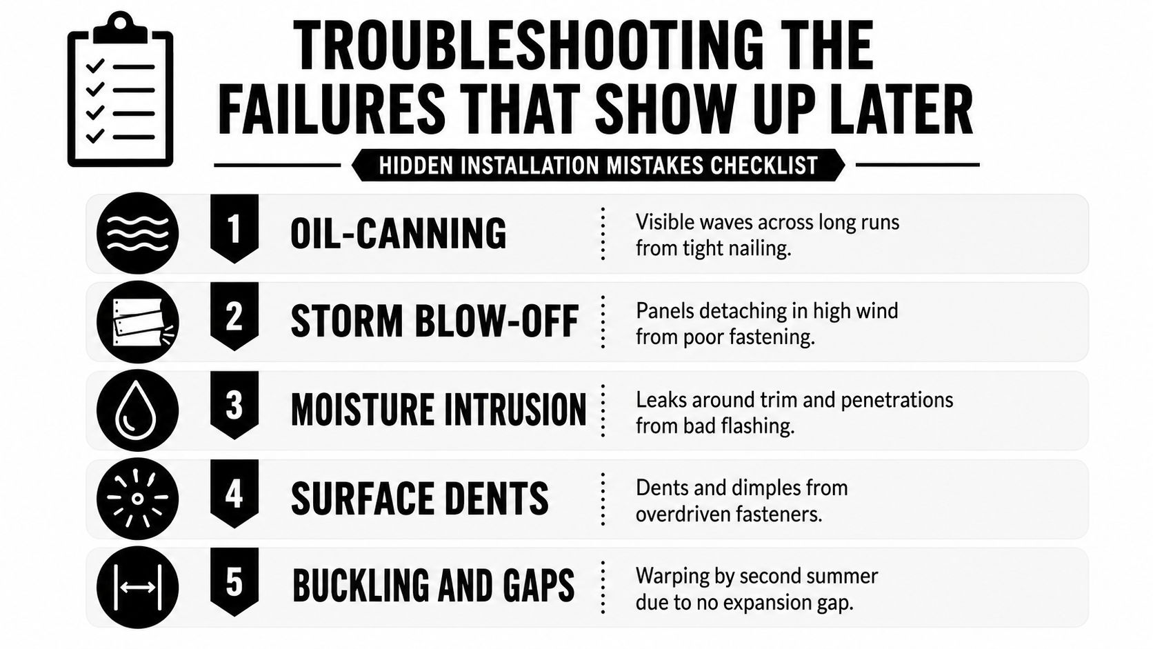 A checklist infographic illustrating five common hidden installation mistakes associated with metal or siding panels.