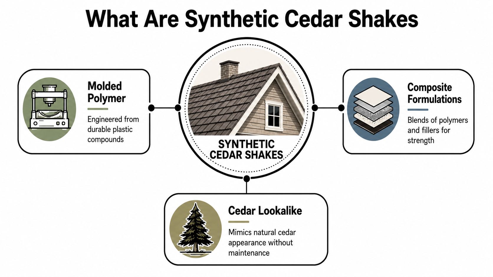 An infographic titled What Are Synthetic Cedar Shakes explaining the material composition and appearance benefits.