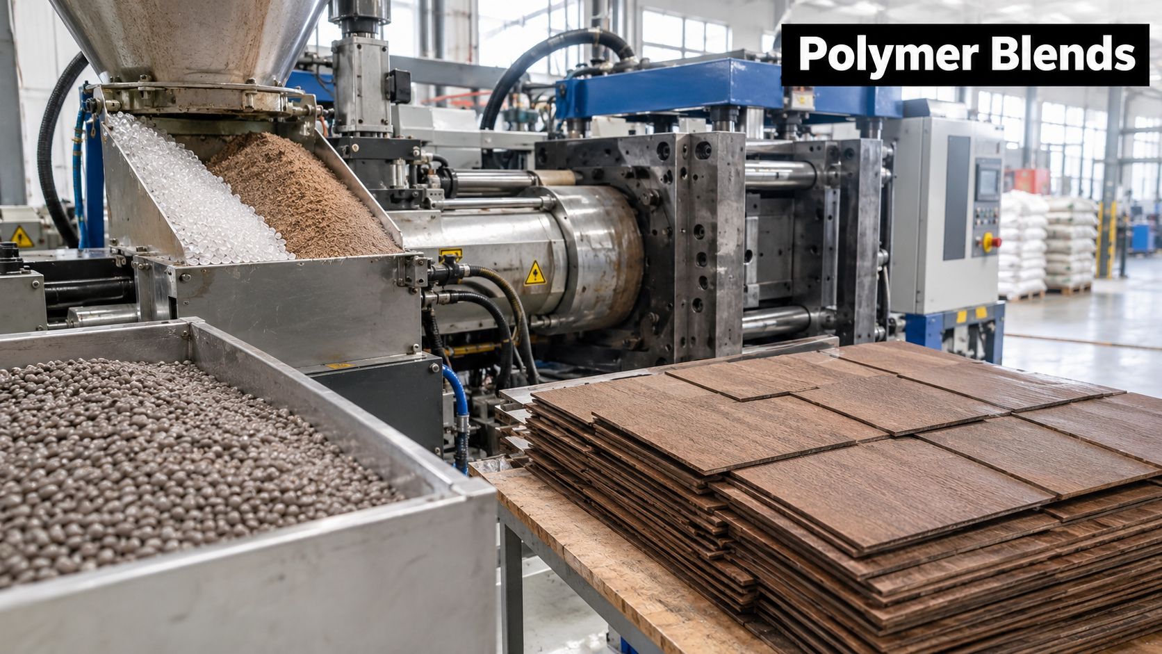 Industrial manufacturing equipment processing material for the production of high-quality synthetic cedar shakes in a factory setting.
