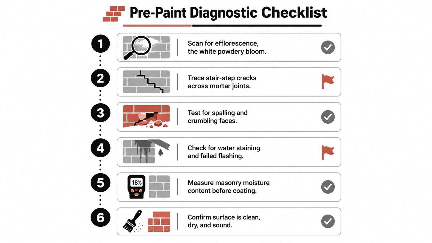 A pre-paint diagnostic checklist infographic detailing six essential inspection steps for preparing exterior brick surfaces before painting.