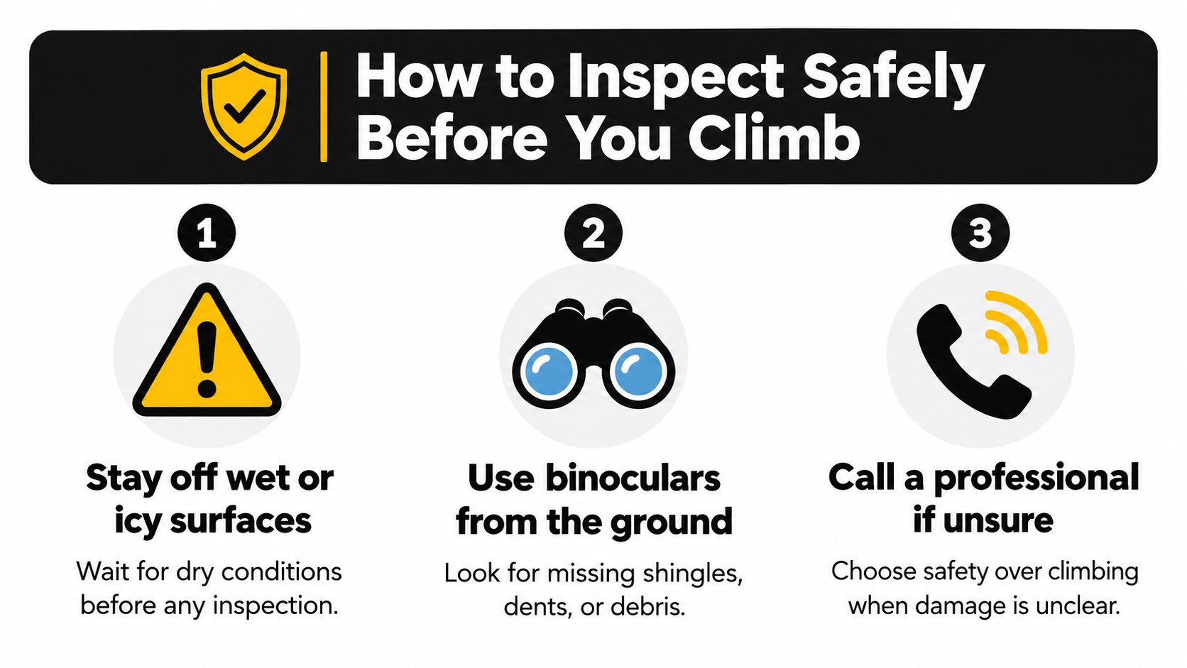 A safety infographic titled How to Inspect Safely Before You Climb, featuring three steps for roof inspection safety.